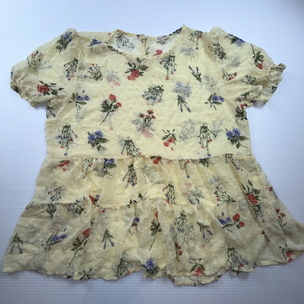 Lily White Floral Yellow Sheer blouse women Size L Short Sleeve